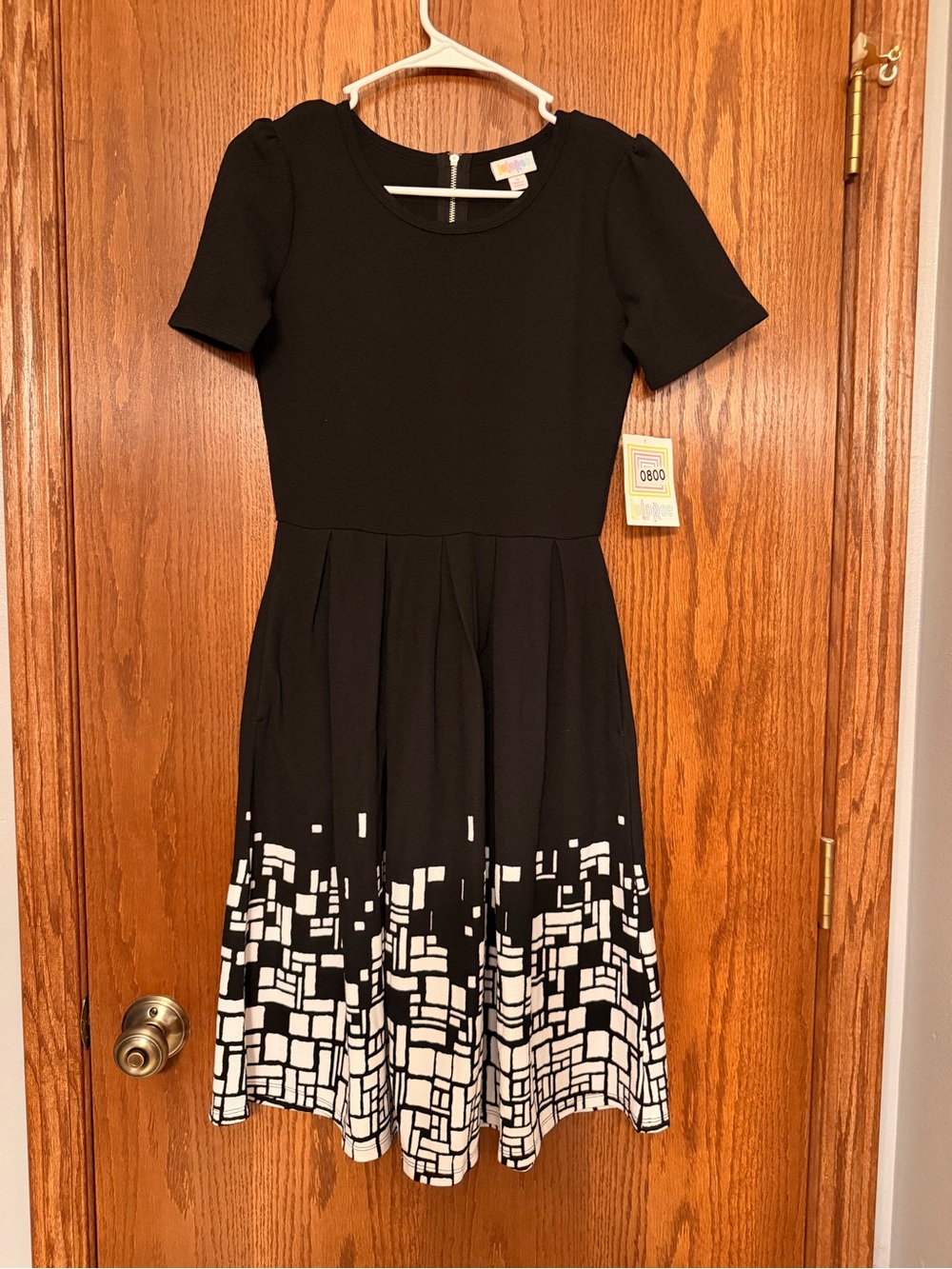 LuLaRoe Black Dress with White Geometric Border